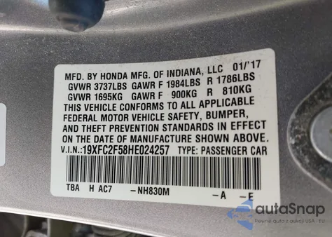 2017 Honda Civic Lx z USA, uszkodzony, nr VIN 19XFC2F58HE024257